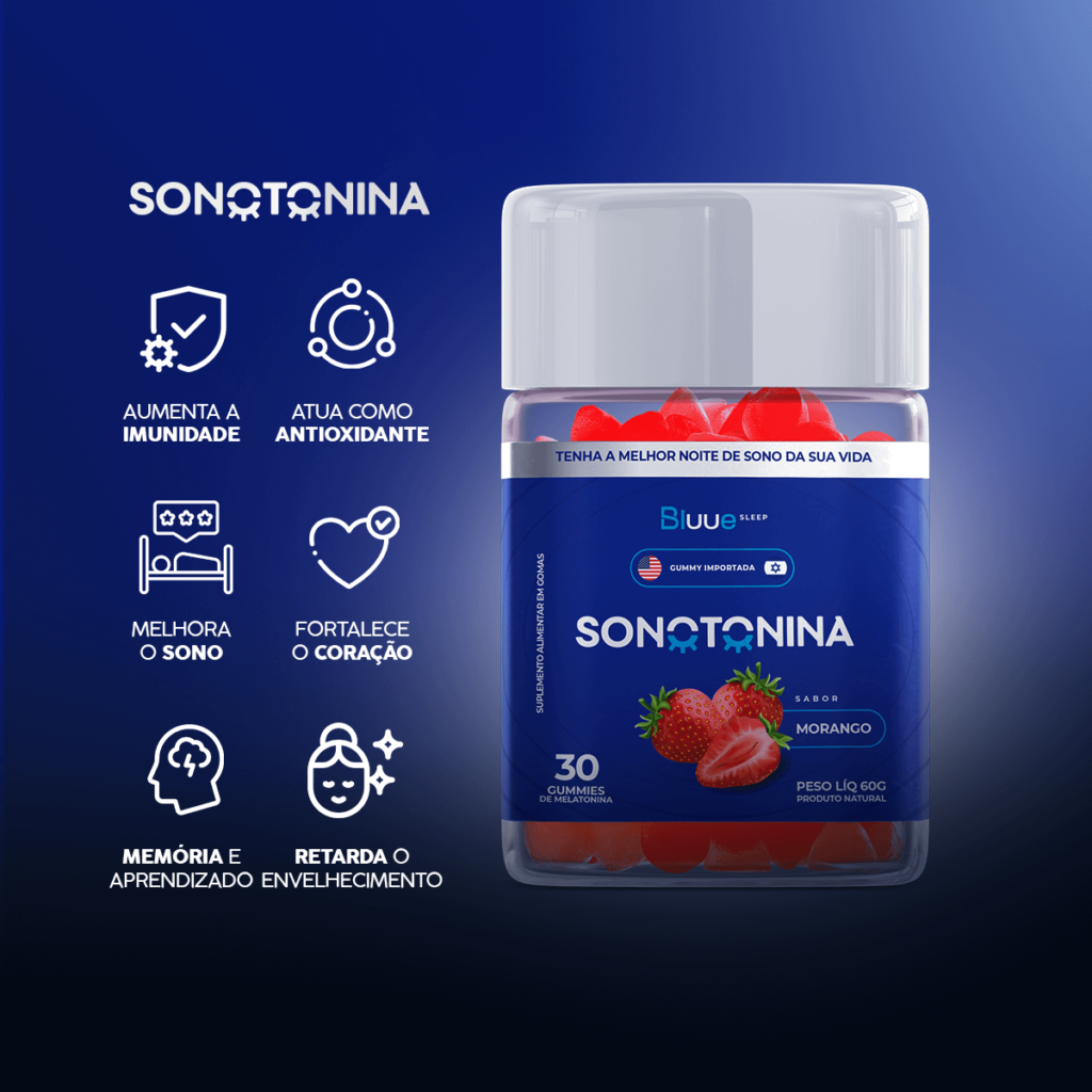 Imagem do Sonotonina Gummy com os seus benefícios: aumenta a imunidade; atua como antioxidante; melhora o sono; fortalece o coração; atua na memória e aprendizado; retarda no envelhecimento.